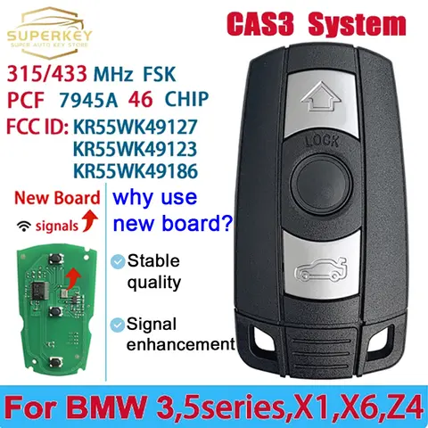 SUPERKE YKR55WK49127 KR55WK49123 KR55WK49186 PCF7945 칩 315/868MHz BMW 1/3/5/7 시리즈 2006-2012 CAS3 용 원격 스마트 자동차 키