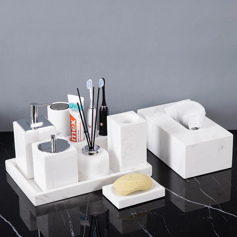 

Minimalist Volakas White Natural Marble Set for Bathroom Luxury Soap Dispenser Toothbrush Holder Tray Bathroom Set