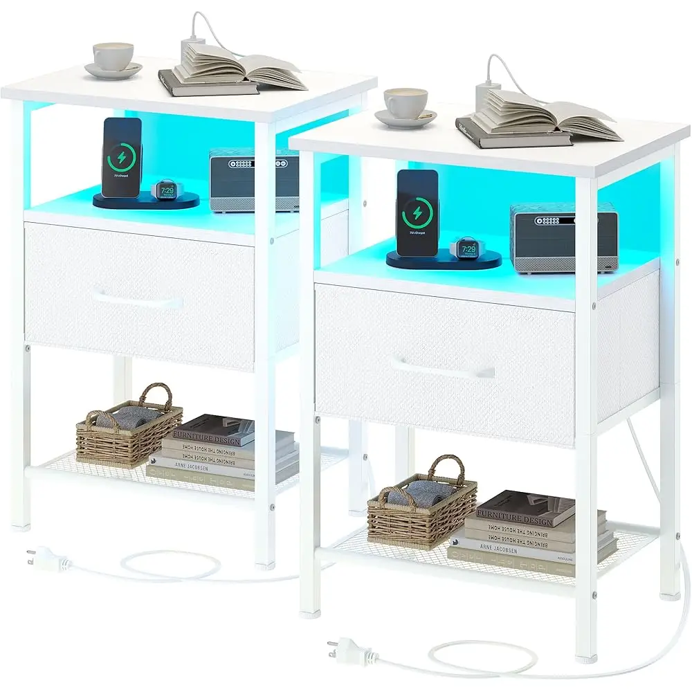 

Night Stand Set 2, End Table With Charging Station, Led Bedside Table With Fabric Drawer For Bedroom, 3-Tier Side Table With