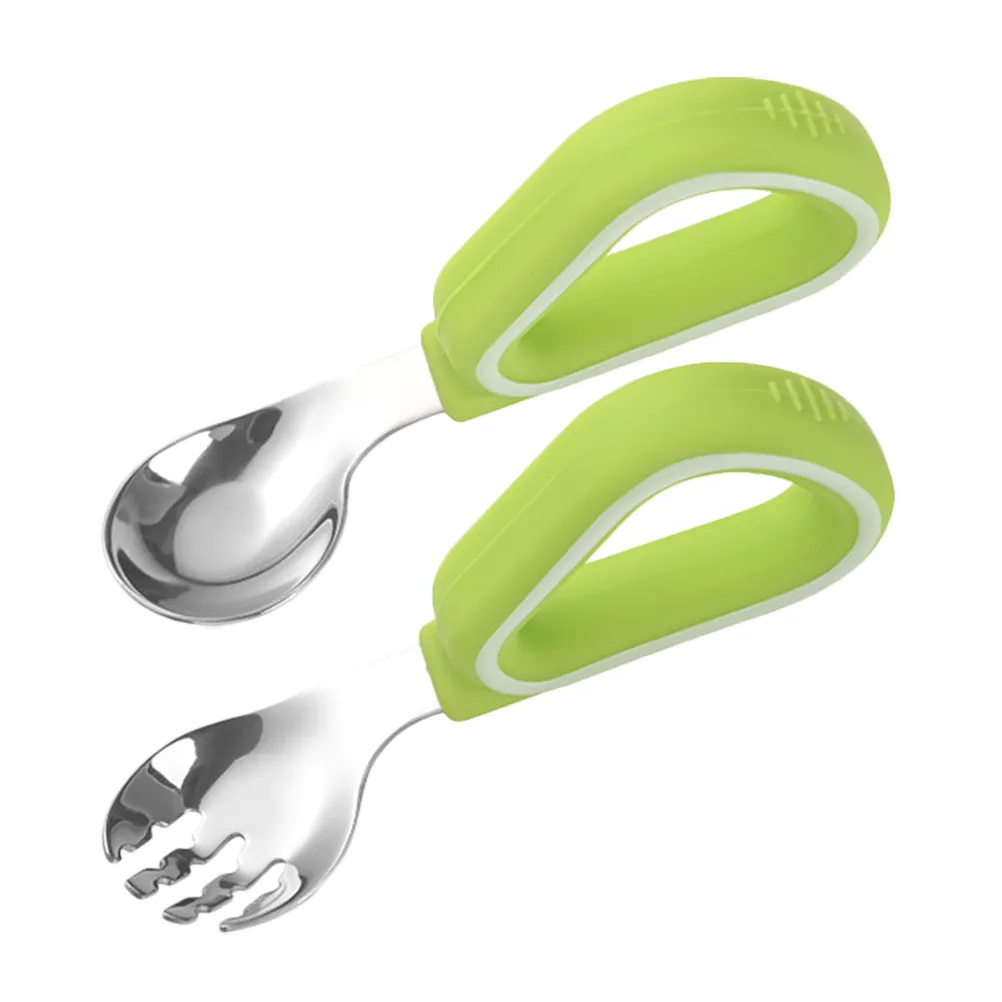 

1Set Silicone Handle Stainless Steel Toddler Fork and Spoon Set for Kids Training Self Feeding Baby Utensils Cutlery Lunch Box