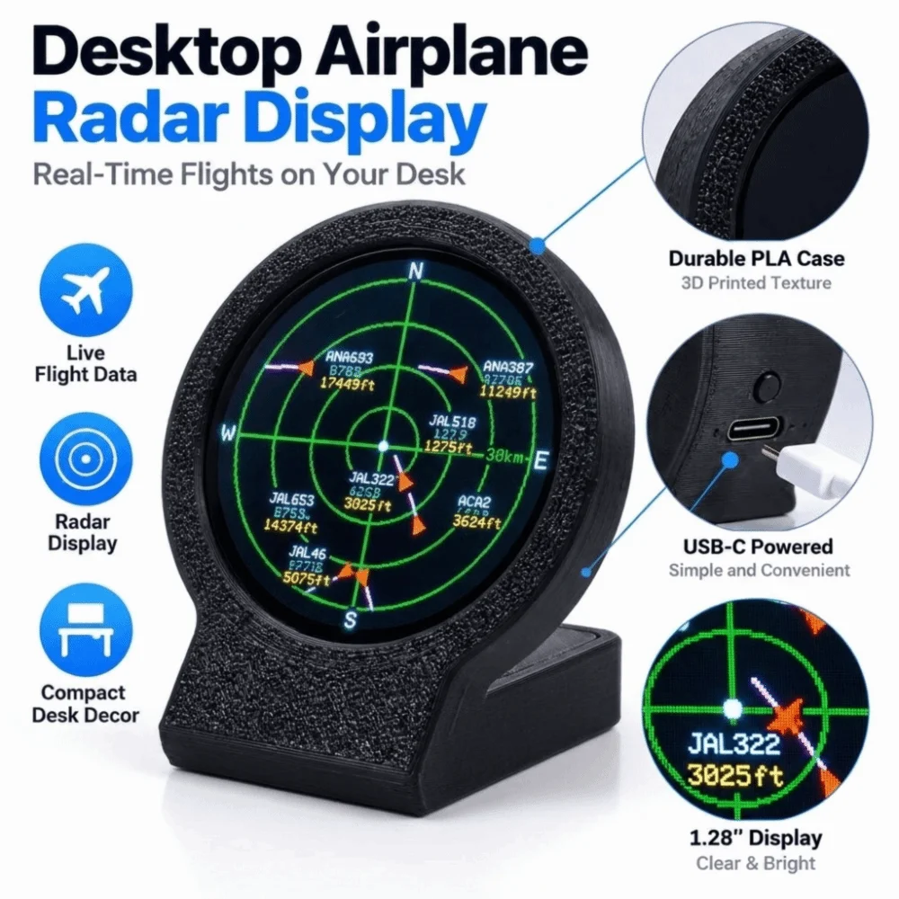 3D Printed Case Flight Tracker Gadget USB-C Powered Live Tracking Airplane Radar Monitor Sonar Grid Screen Compact Design