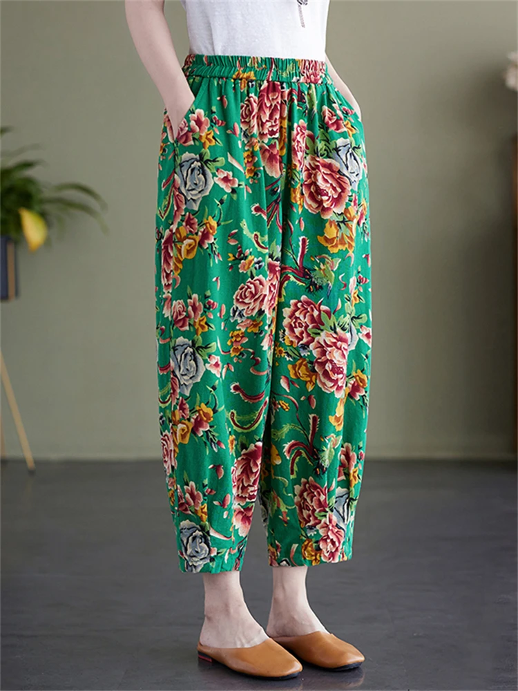 Summer Fashion Women's Chinese Traditional Vintage Style Loose Casual Thin Pants Female Cotton Linen Floral Print Ankle Trousers