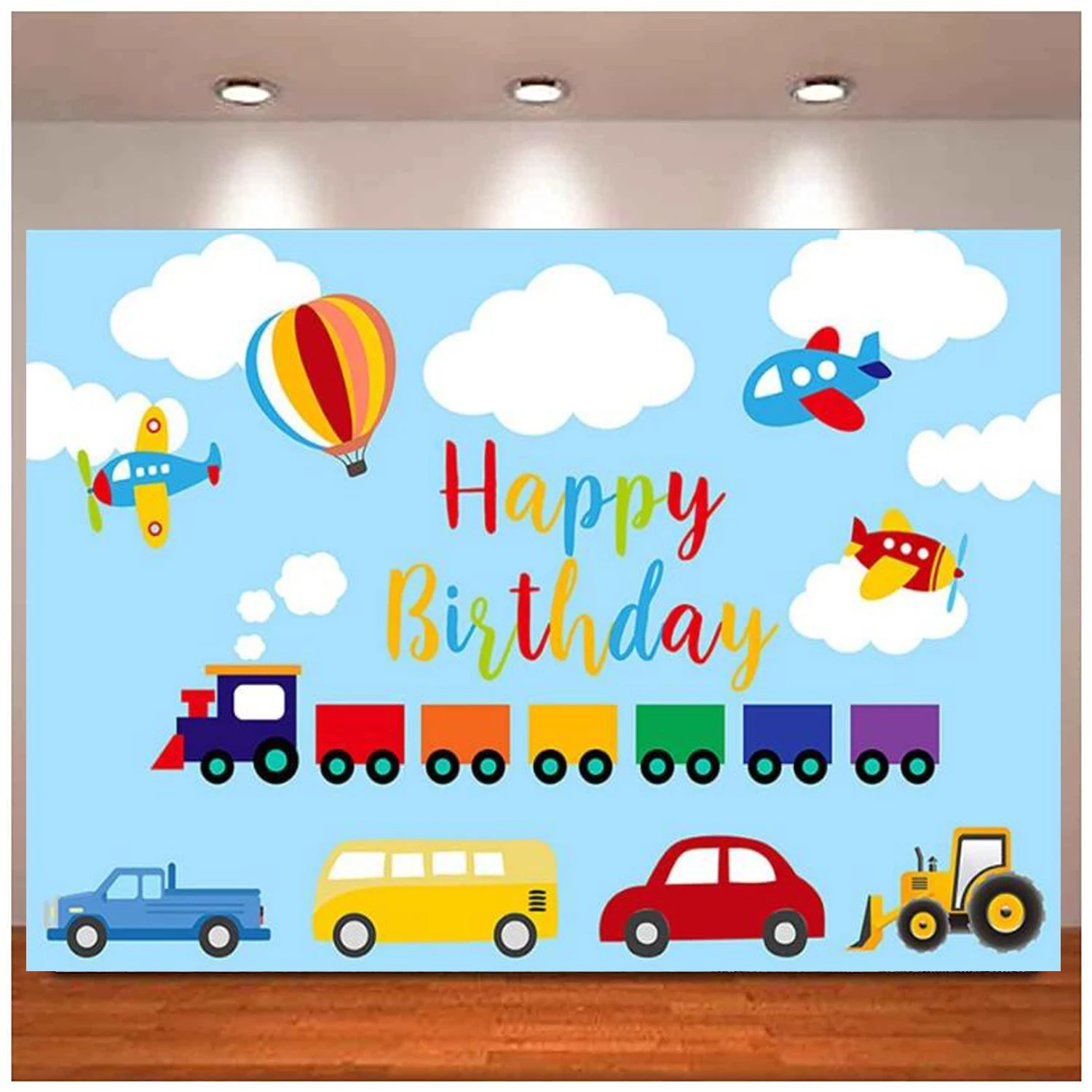 Transportation Backdrop Blue Sky White Cloud Automobile Train Airplane Car Bus Happy 1st Birthday Up Hot Air Balloon Background