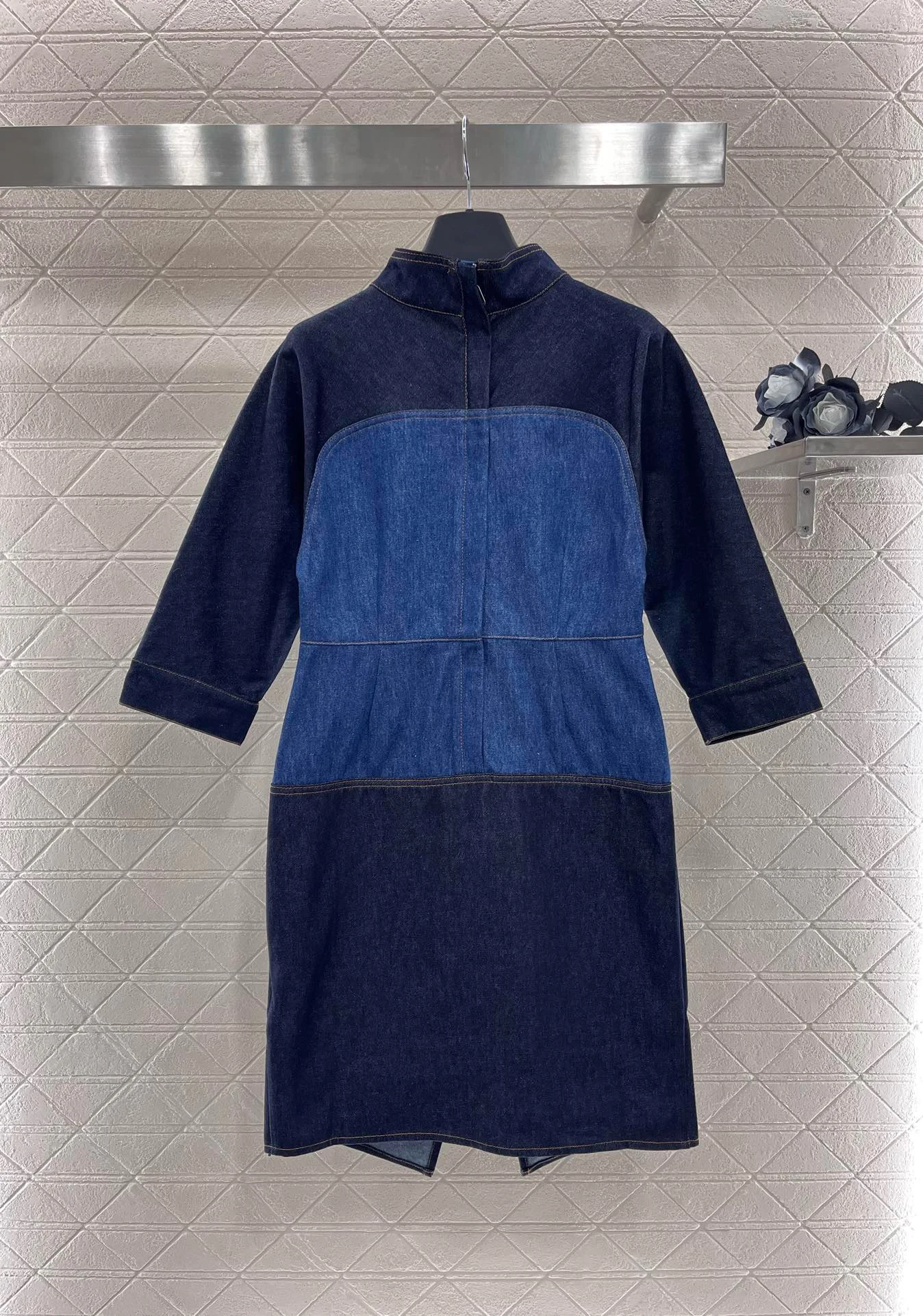 

EVACANDIS New Cotton Vintage Women Stand Collar Zipper Denim Half Sleeve Embroidery Letters Dress Chic Hit Color Tunic Casual