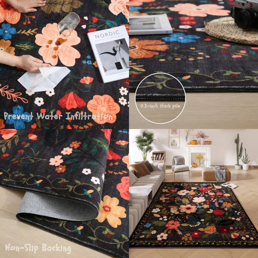 

Living Room Rug 5x7 Rug Machine Washable Boho Area Rug Non Slip Floral Vintage Low Pile Large Rugs for Living Room, Bedroom, Fa
