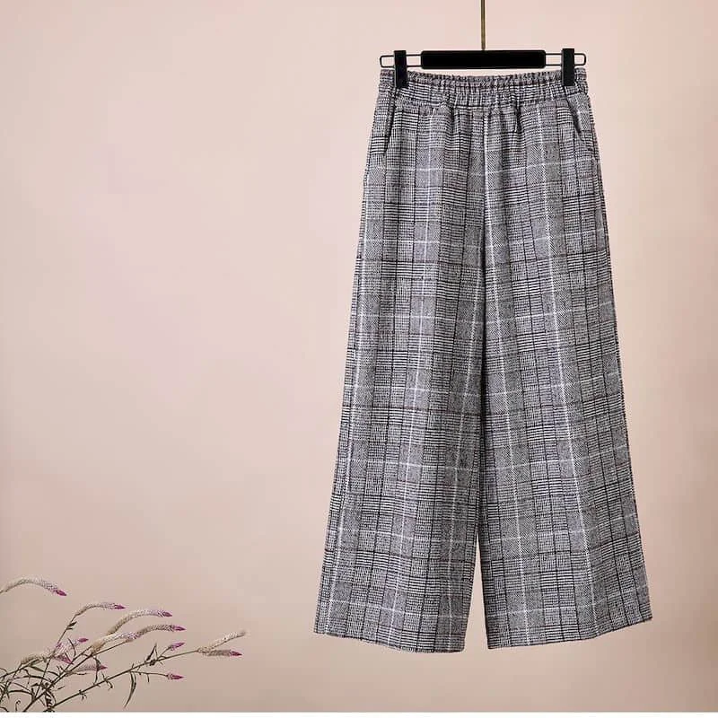 

Wide Leg Pants Women Woolen Fabric Plaid Design Casual Loose Korean Style Elastic Waisted Trousers Women Clothing Baggy Pants