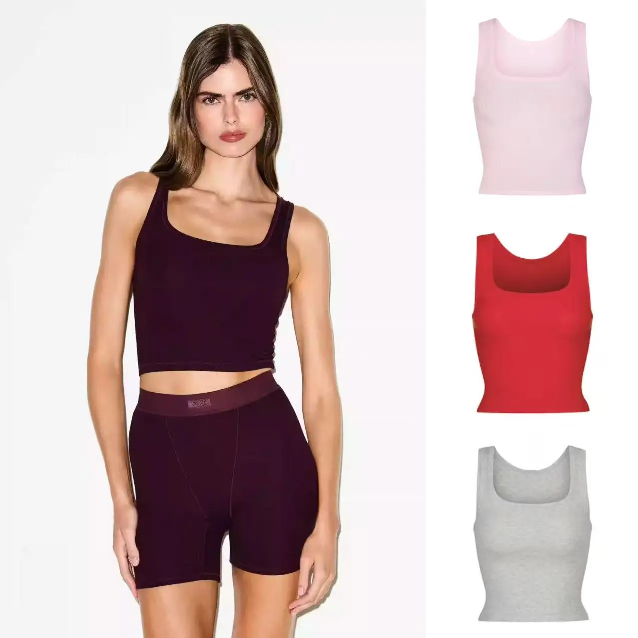 Top de tirantes finos de algodón acanalado KIM 26SS, sin mangas, corte ajustado