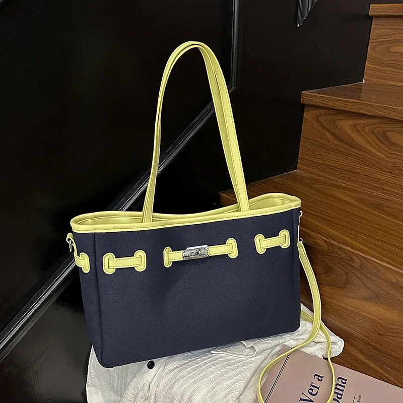 

2025 Women's Mini Color-Block Tote Bag Large Capacity Shoulder Work Bag Multifunctional Purse for Daily Commuting & Office Use