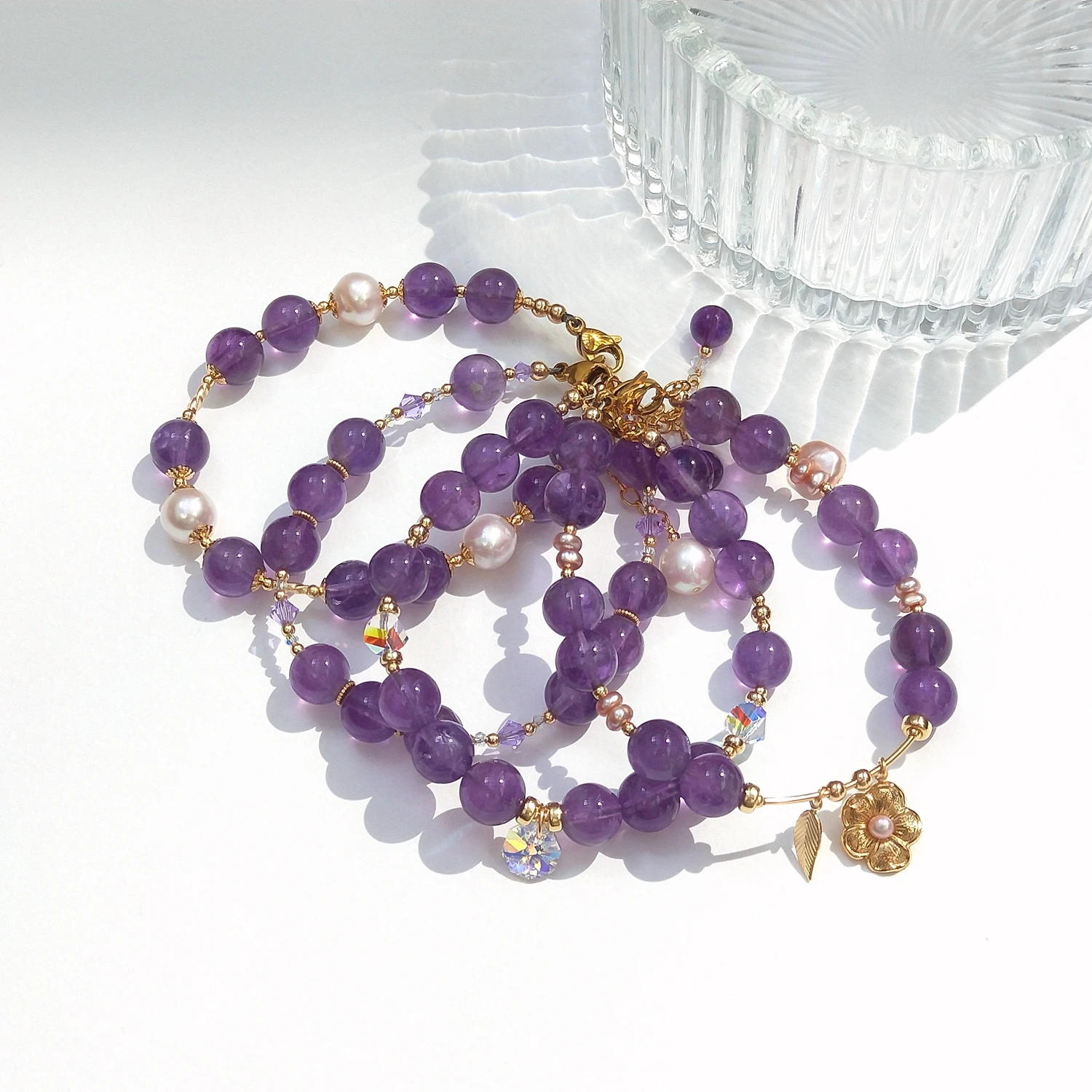 

Lii Ji 8mm Amethyst Natural Stone Freshwater Pearl Crystal 14K Gold Filled Charms Bracelet Handmade Bohe Fashion Jewelry