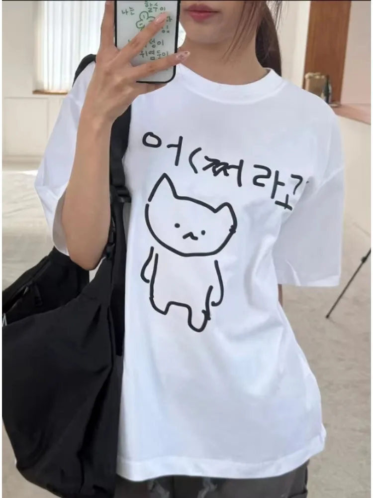 

Korean Annoyed Cat Go Away Short-sleeved Printed T-shirt Top Cute Line Art Cat Meme Graphic Casual Streetwear for Women Men
