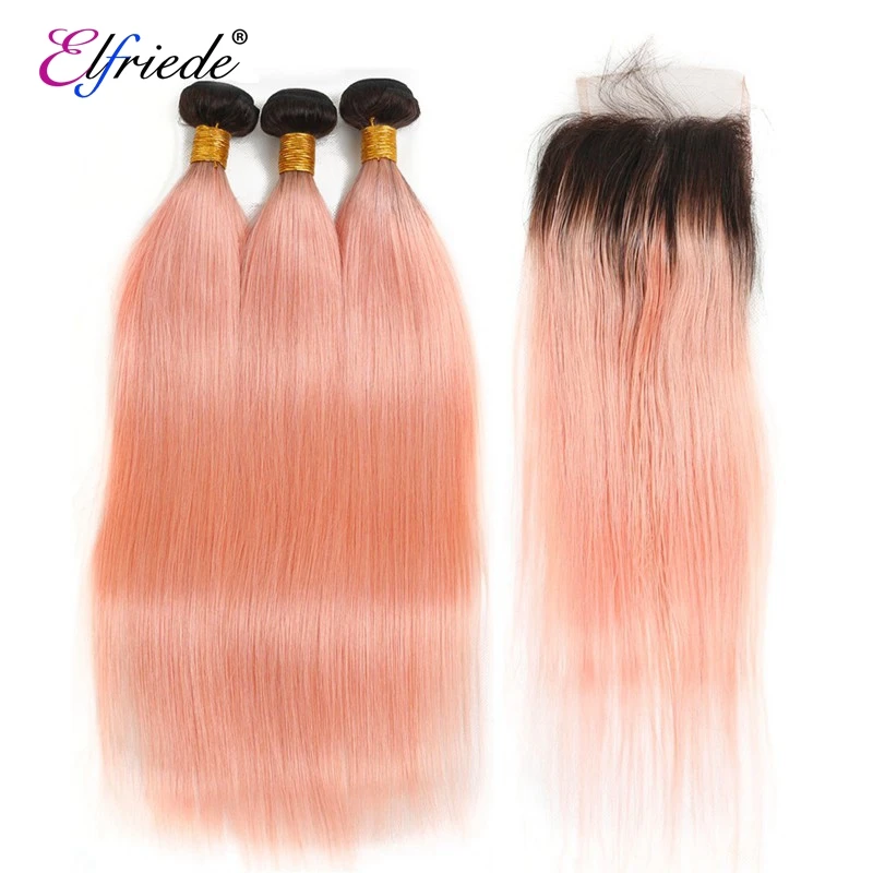 Elfriede #T1B/Light Pink Straight Ombre Colored Hair Bundles with Closure Remy Human Hair Weaves 3 Bundles with Lace Closure 4x4