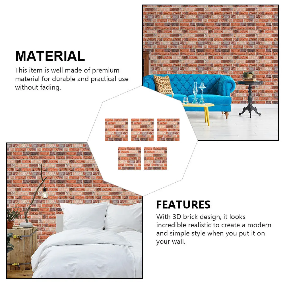 

5Pcs Waterproof Brick Grain Wall Stickers 3D Realistic Texture Self-Adhesive Peel and Stick Wallpaper for Kitchen Bathroom