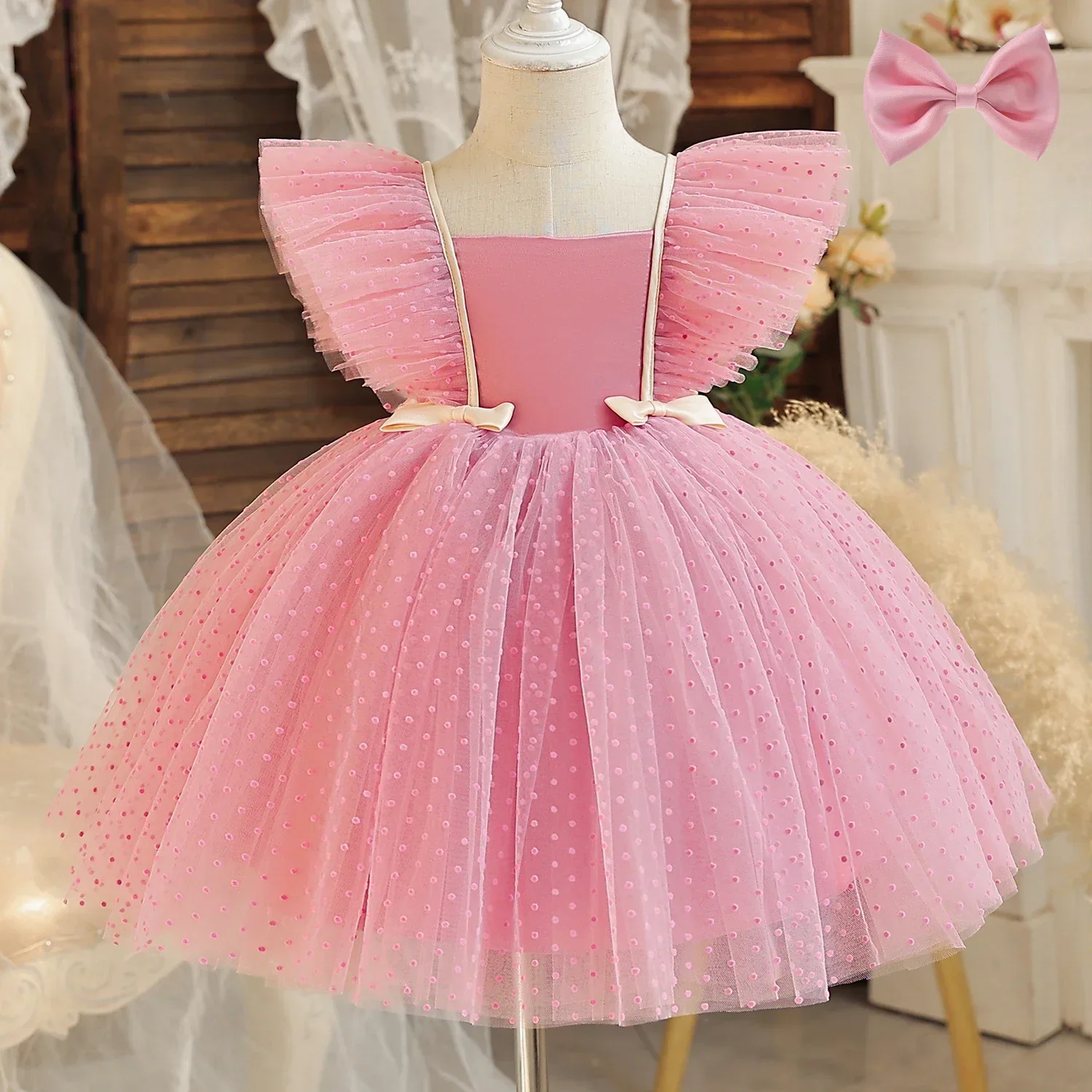 Cute Baby Girl Baptism Dress for 1st Birthday Tutu Gown White Weddings Party Flower Girl Dress for 1-5Y Baby Girl Princess Dress