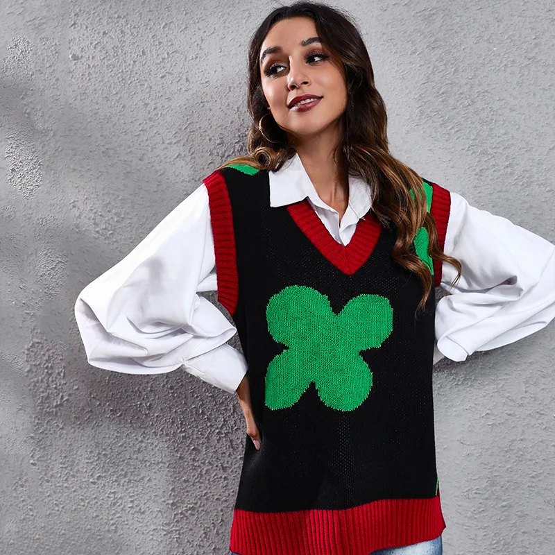 

Взрывы Европы и Америки четырехлистный клевер вязаный свитер жилет женский студенческий ветровой жилет новая женская одежда.