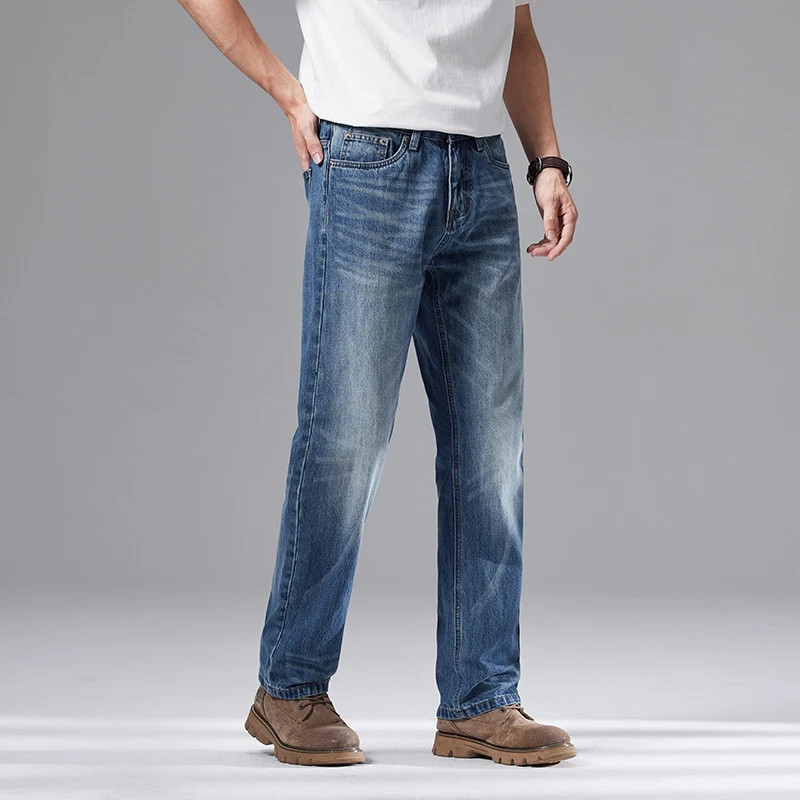 KSTUN 2025 メンズジーンズワイドレッグパンツルーズストレートマンデニムパンツストリートアメリカンクラシックブルーズボン男性服