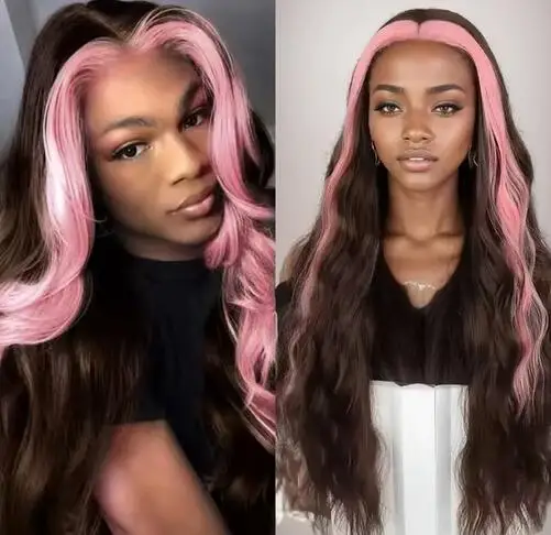 Highlights Pink Wig Synthetic Lace Front Wigs For Women Pink Highlights Wigs Brown Long Silky Straight Lace Hair Cosplay Party