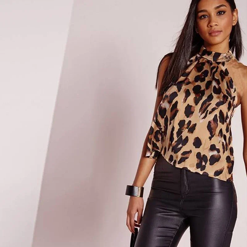 Summer Women Blouse Shirt 2024 Sexy Leopard Print Ladies Tops Halter Blouses Casual Female Sleeveless Womens Tops and Blouses