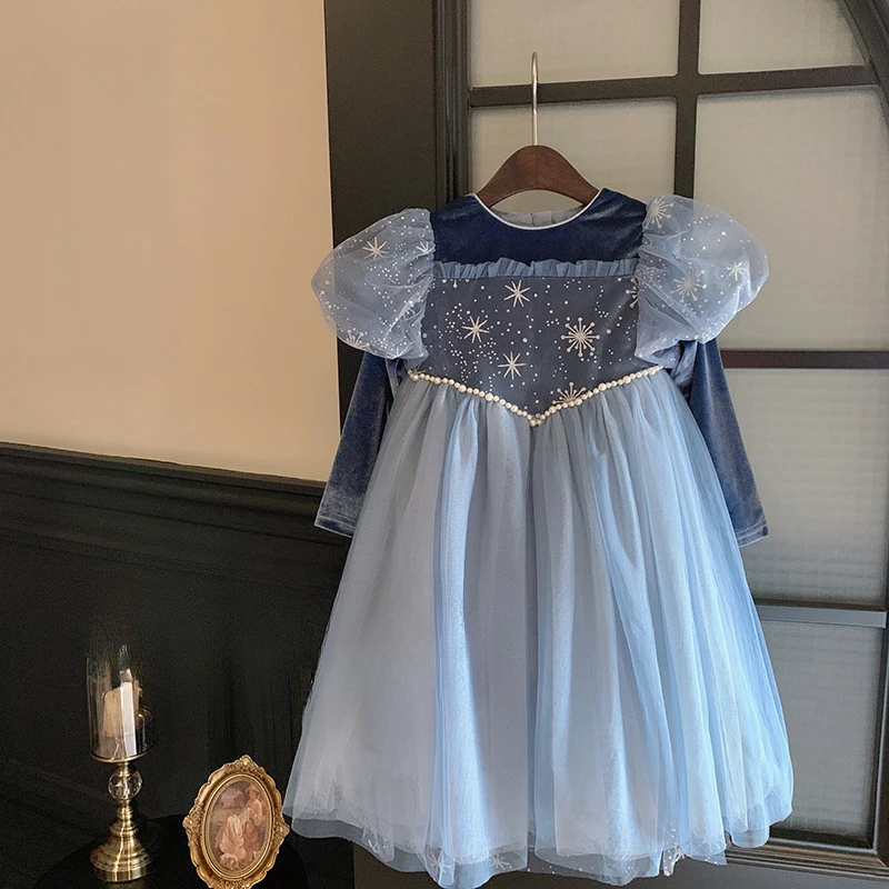 Saia de princesa feminina, saia de tule inchado, vestido de aniversário infantil, estilo azul palácio, outono