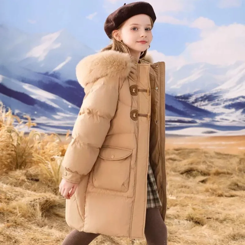

Winter Girls Jacket Keep Warm Detachable Hat Fur Collar Hooded Coat For Kids Cotton Padded Clothes Children Long Parkas TR283