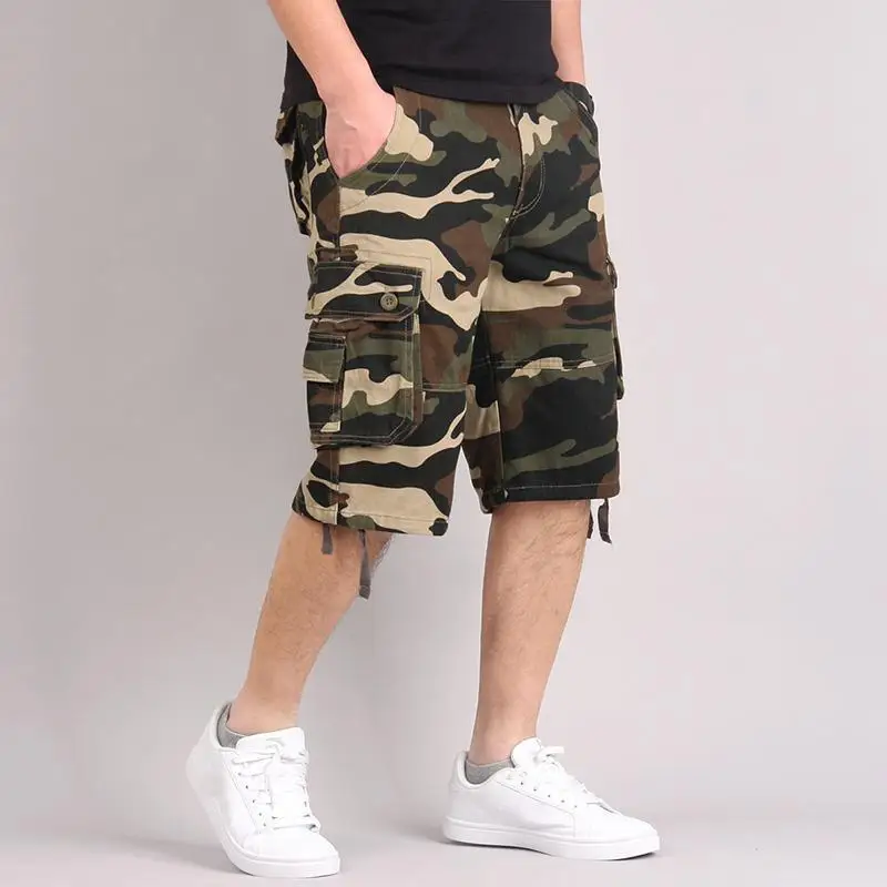 Plus Size Camouflage Cargo Shorts Mens Summer Cotton Wear-resistant Outdoor Sports Half Pants Multi-pockets Vintage Sweatpants