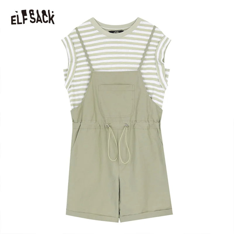 ELFSACK 2024 summer new arrival Green striped color matching small age-reducing striped short-sleeved bib shorts two-piece suit