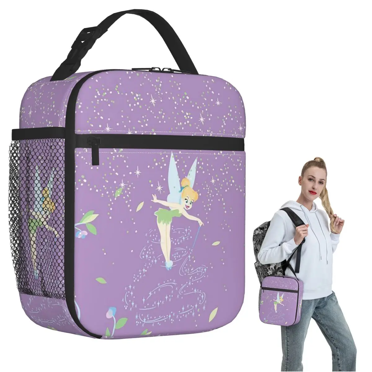 

Tinker Bell Wings Bow Peter Pan Insulated Lunch Bag for Women Kids Portable Food Boxes Thermal Lunch Box Tote