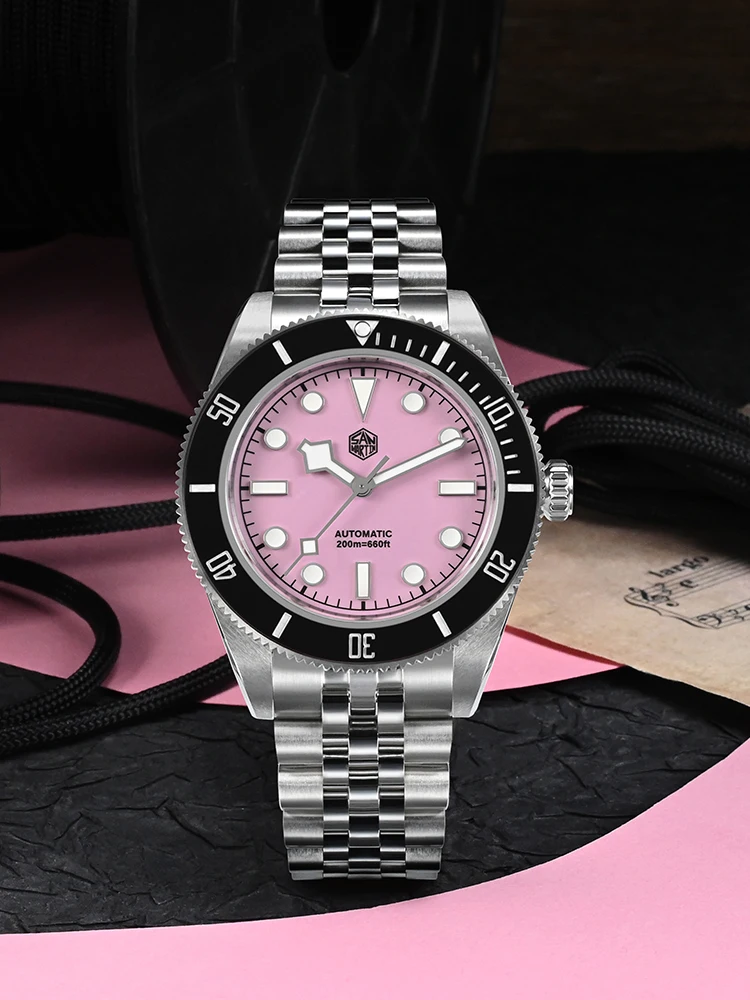 San Martin 40mm Enamel Pink Dial Men\'s Wrist Watch Diver Mechanical NH35 Jubilee Bracelet Sapphire Waterproof Self-Wind SN0128-4