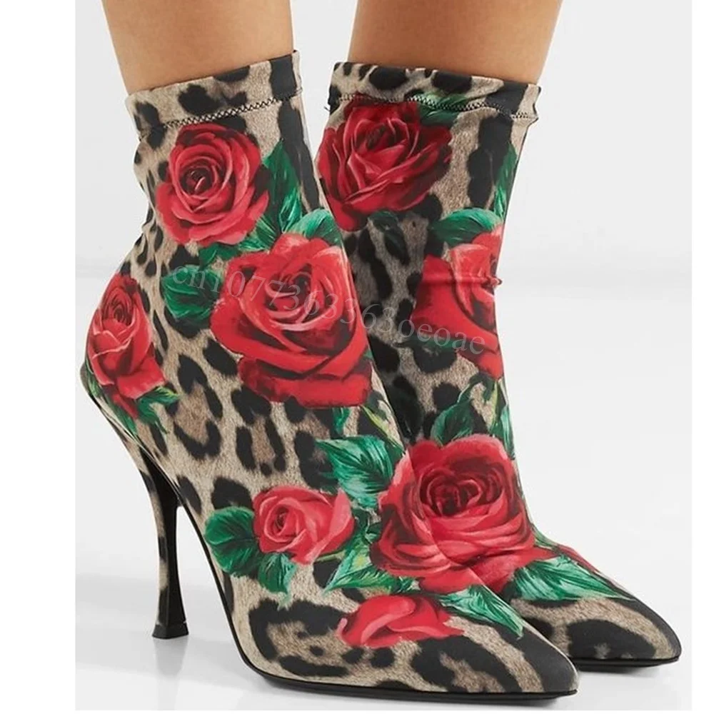 Red Rose Pattern Ankle Boots Leopard Thin High Heels Shoes for Women Matte Leather Pionted Toe Shoes 2024 Zapatos Para Mujere