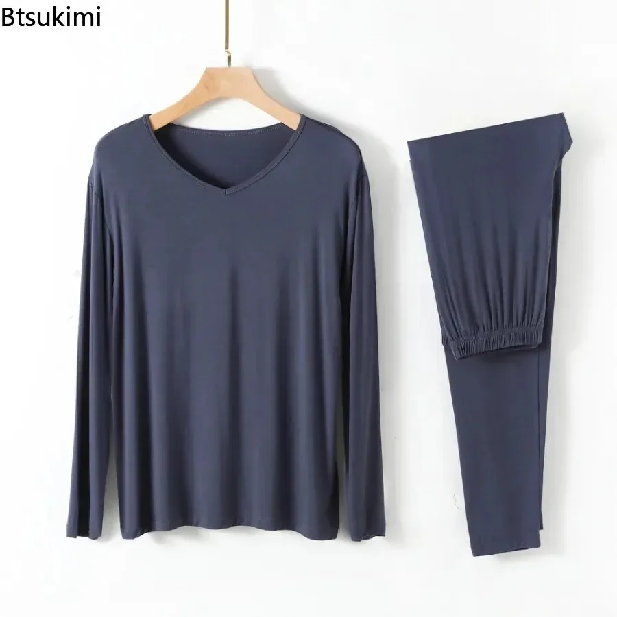 جديد 2025 ملابس منزلية مشروط للرجال بيجامات على شكل حرف v وأكمام طويلة أطقم سراويل ثنيات ناعمة مرنة مريحة ملابس نوم للرجال #3