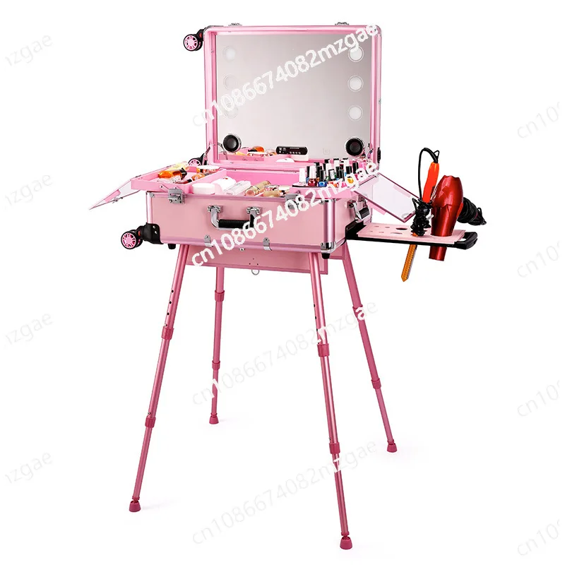 Make-Up Case, Cosmetic Train Table with 4 Rolling Wheels & Lights & Mirror, Pro Make-Up Station, Cover Panel and Easy-to-Clean E