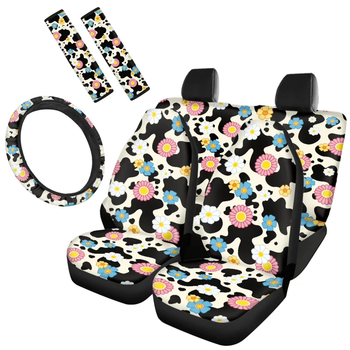 

Cow with Flower Pattern Car Seat Covers Full Set Comfortable Auto Seat Belt Cover Easy to Clean Steering Wheel Cover for Ladies