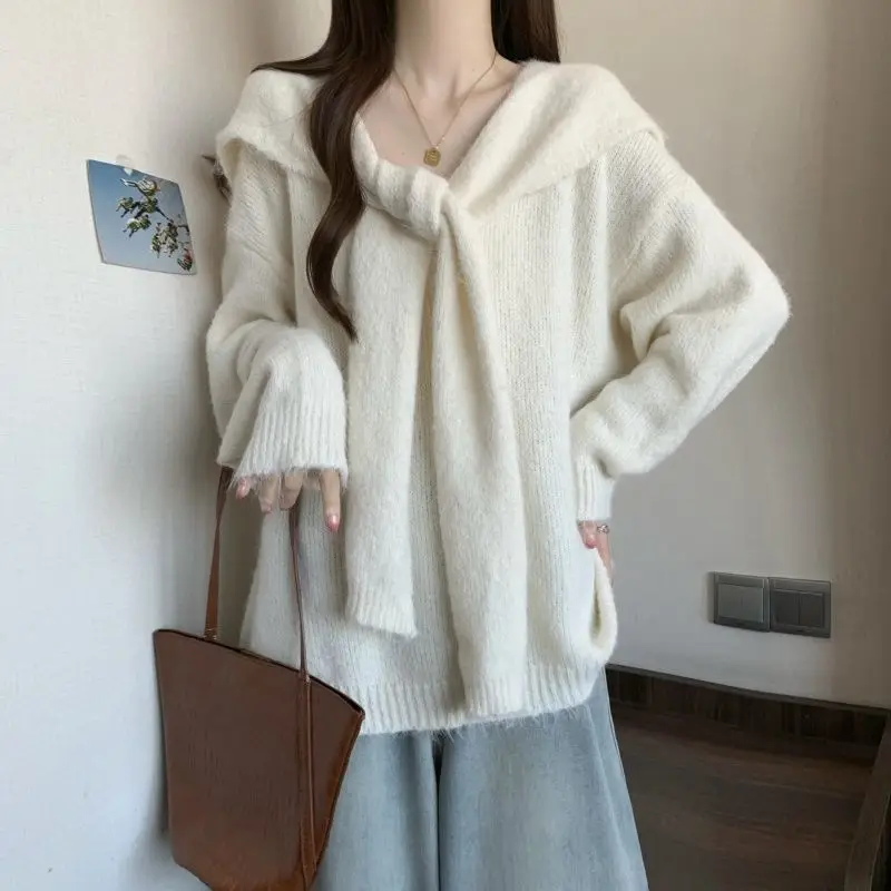 Women Loose Knit Sweater With Detachable Scarf Collar Long Sleeve Casual Pullover