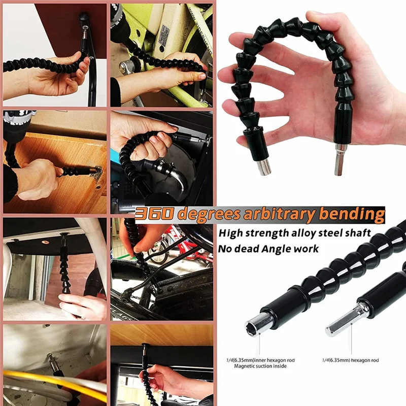 26Pcs Flexible Drill Bit Extension Set,105° Right Angle Drill Attachment,1/4 3/8 1/2Inch Impact Driver Socket Adapter-ABGL