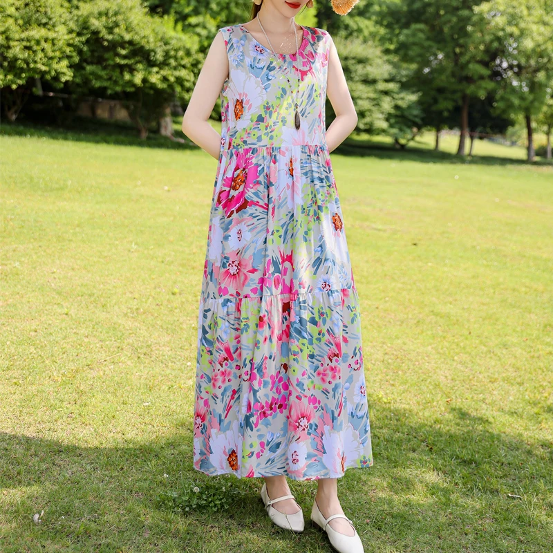 Vintage Floral Print Maxi Dress Women Boho  Sleeveless Long Sashes Dress plus size Casual Shirt Dresses Robe