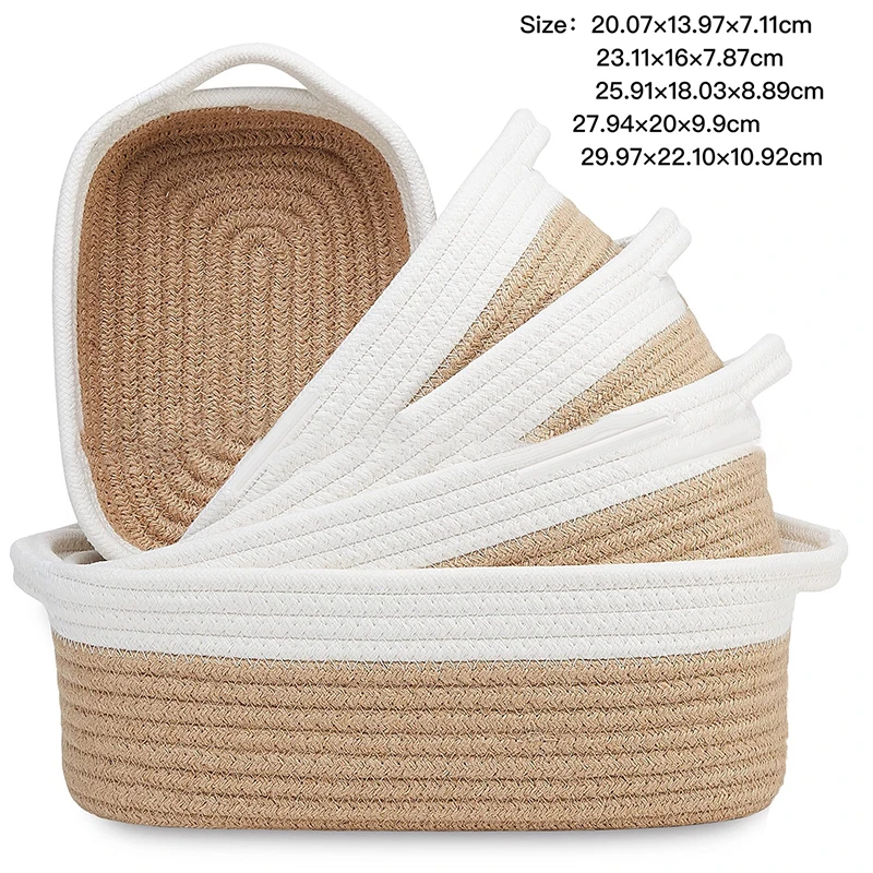 

5Pcs Large Capacity Rectangle Storage Basket Set Foldable Cotton Rope Woven Storage Baskets Home Decoration Organization Bin