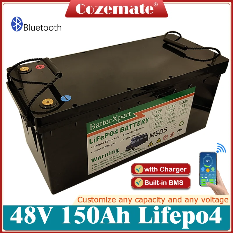 Waterproof 48V 150Ah LiFepo4 Lithium Battery with Bluetooth BMS for 5kw Motorhome Solar Storage Boat Inverter Golf Cart+Charger