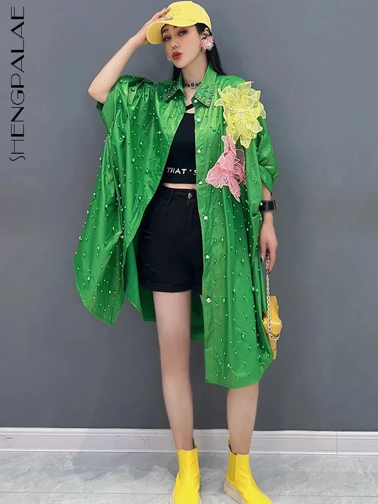 SHENGPALAE Women Long Shirt Nail Bead Inlaid Diamond 3D Flower Fashion Casual Loose Elegant Overcoat 2024 Summer New Tops 5R9868