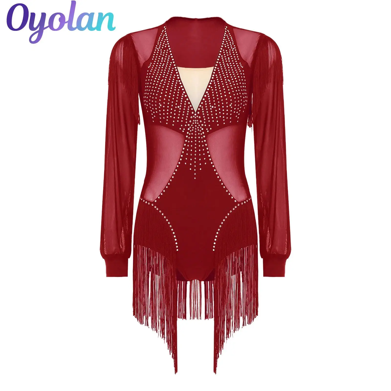 

Womens Rhinestones Gymnastics Figure Skating Latin Dance Performance Costume Tassel Fringe Ballroom Salsa Tango Dance Bodysuit