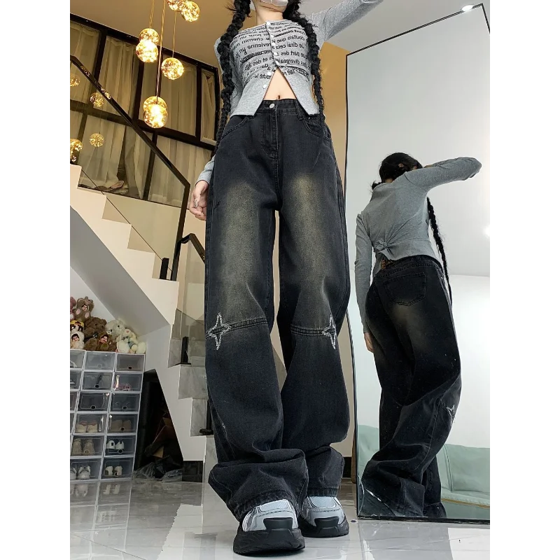 American Retro Star Embroidery High Waist Jeans Women Spring Loose Straight Leg Wide Pants