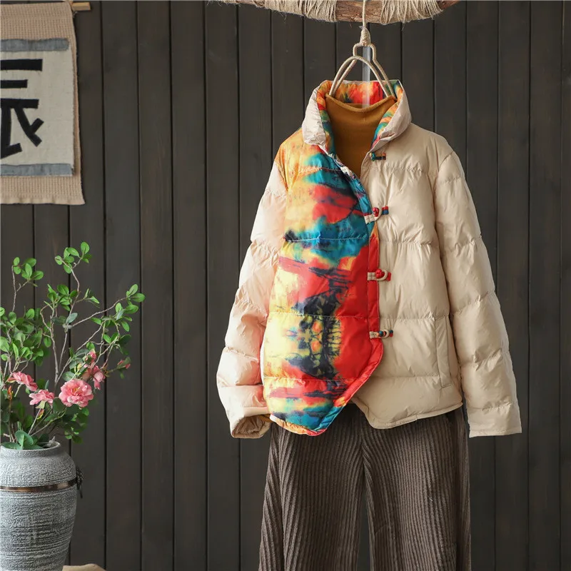 2022 Autumn Winter Retro Chinese Style Disc Buckle Print Down Jacket Women Light White Duck Down Coat Ladies Short Warm Parkas