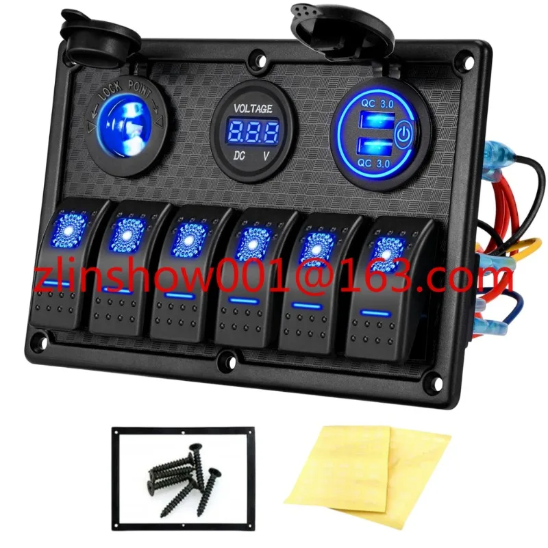 

12V Rocker Switch USB Panel with LED Voltmeter Car Charger Socket 6 Gang Marine Toggle Switch Panel Waterproof for Boat Jeep RV