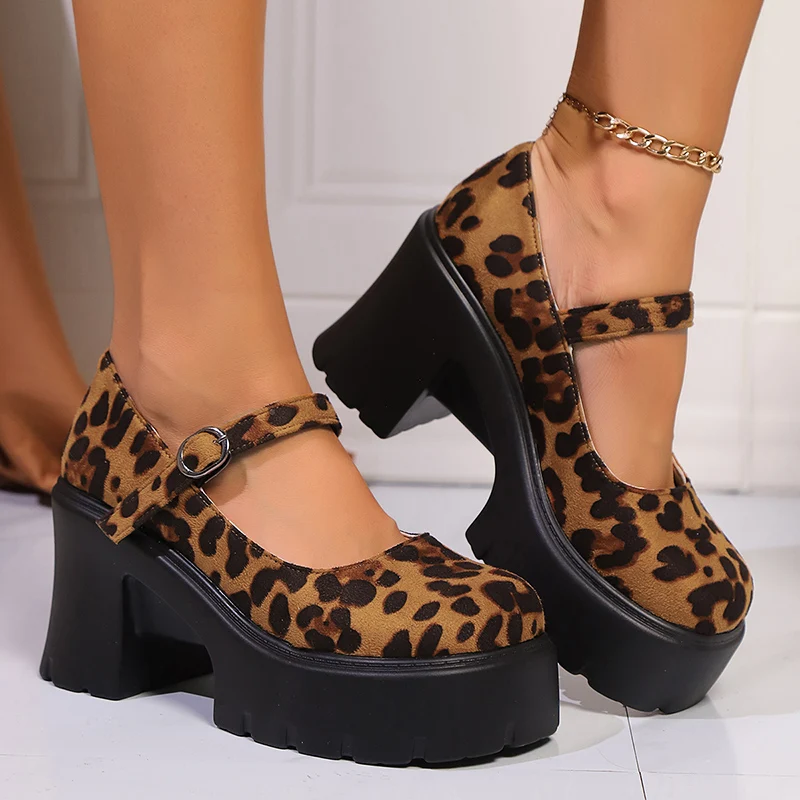 Fashion Leopard Print Platform Pumps Women Buckle Super High Heels Mary Jane Shoes Woman Pu Leather Chunky Heel Party Shoes