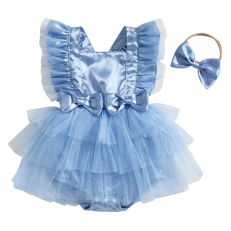 

Baby Girls Romper Dress Casual Mesh Patchwork Cute Bow Fly Sleeves Jumpsuit and Headband Set Fashion Clothes Outfits