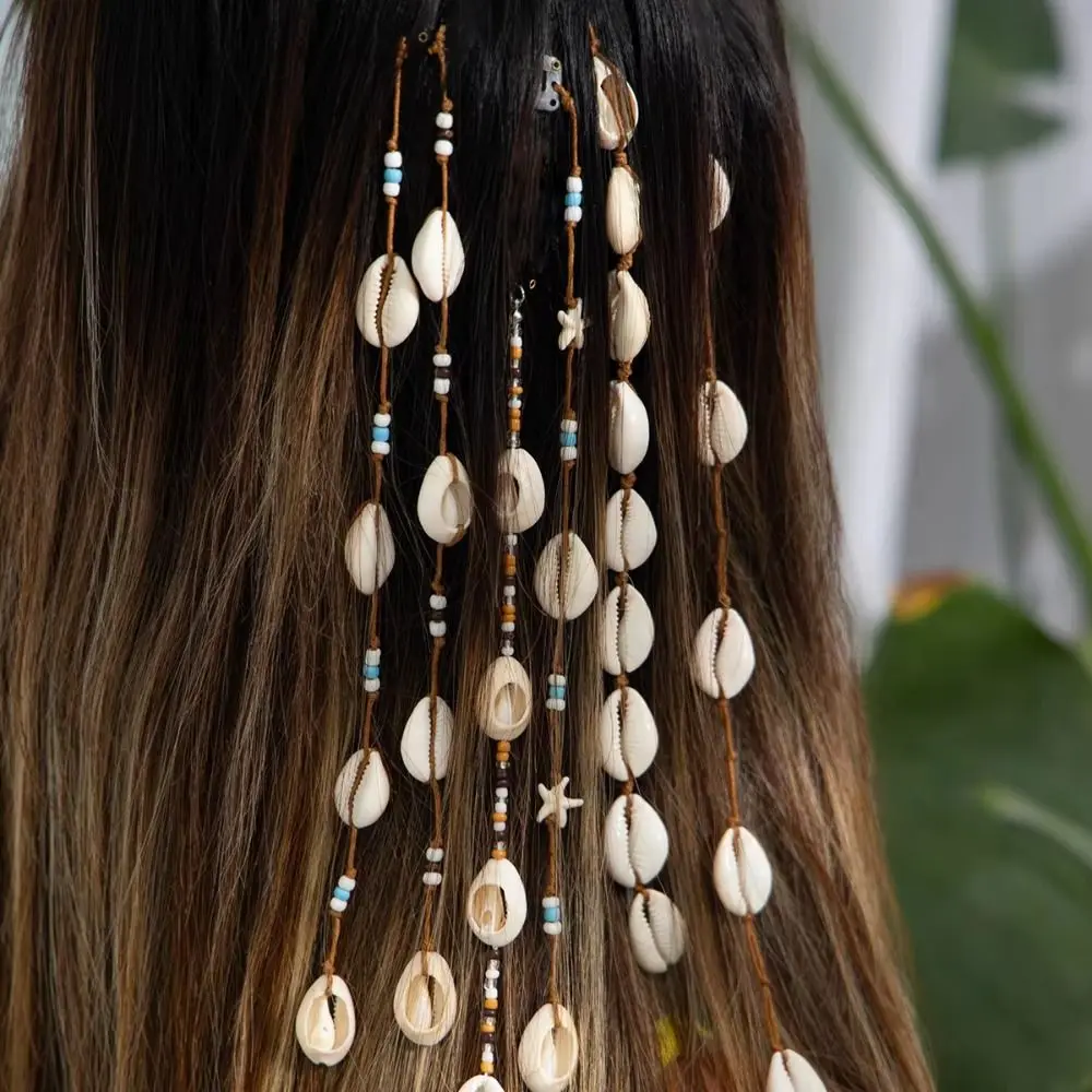 6 Styles Conch Tassel Hair Accessory Handmade Beads Braided Shell Pendant Hair Clip Long Bohemian Shell Beaded Hair Accessories