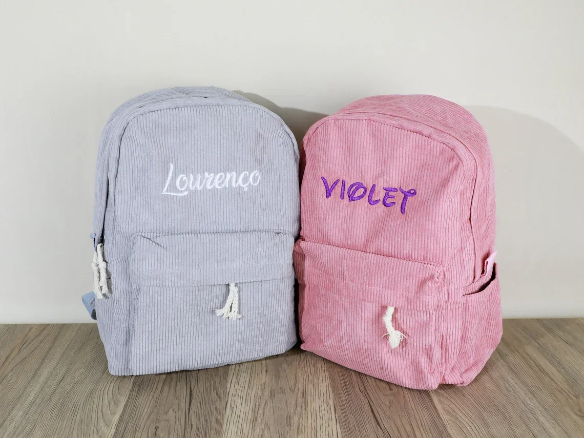 Mochila escolar personalizada para niños pequeños, bolsa de libros con nombre bordado, mochila de pana para regalo de cumpleaños, bolsa de pañales