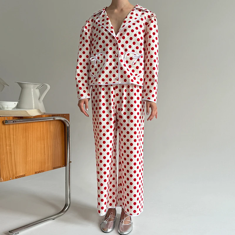 

Maemukilabe Valentine's Day Pajama Set Dot/Heart Print Long Sleeve Button Up Shirt + Wide Leg Pants Women Sweet Lounge Sleepwear