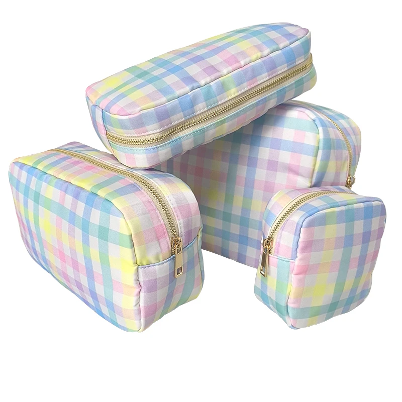 2024 New Rainbow Plaid Make Up Pouch Bag Cute Nylon Travel Cosmetic Bag for Women Waterproof Toiletry Bag