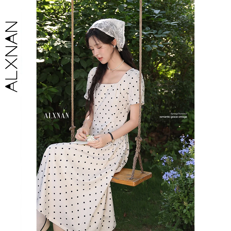 

Элегантное женское платье в горошек ALXNAN с квадратным вырезом и коротким рукавом, новинка лета 2026, повседневная праздничная одежда для женщин L53712-2