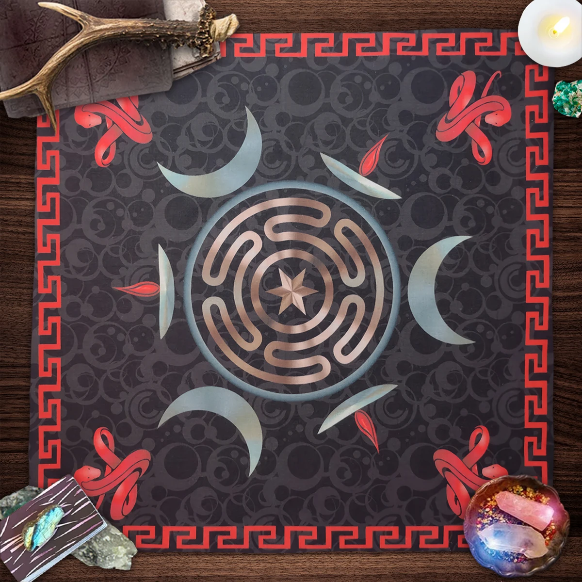 Hecate's Wheel Tarot Card Tablecloth Polyester Fabric Altar Cloth for Divination Rituals Witchcraft Altar Mat for Tarot Readings