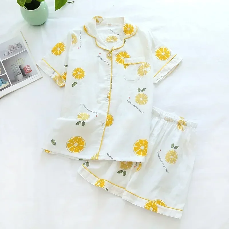 Pijamas con mangas para mujer, conjuntos cortos sencillos de dibujos animados, ropa de dormir 100% de algodón, ropa de casa bonita japonesa